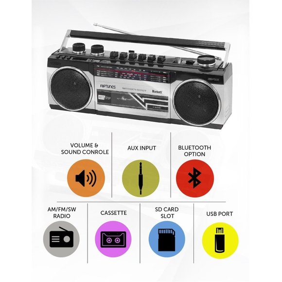 Riptunes Retro AM/FM/SW Radio + Cassette Boombox with Bluetooth and USB/SD card - Picture 1 of 9
